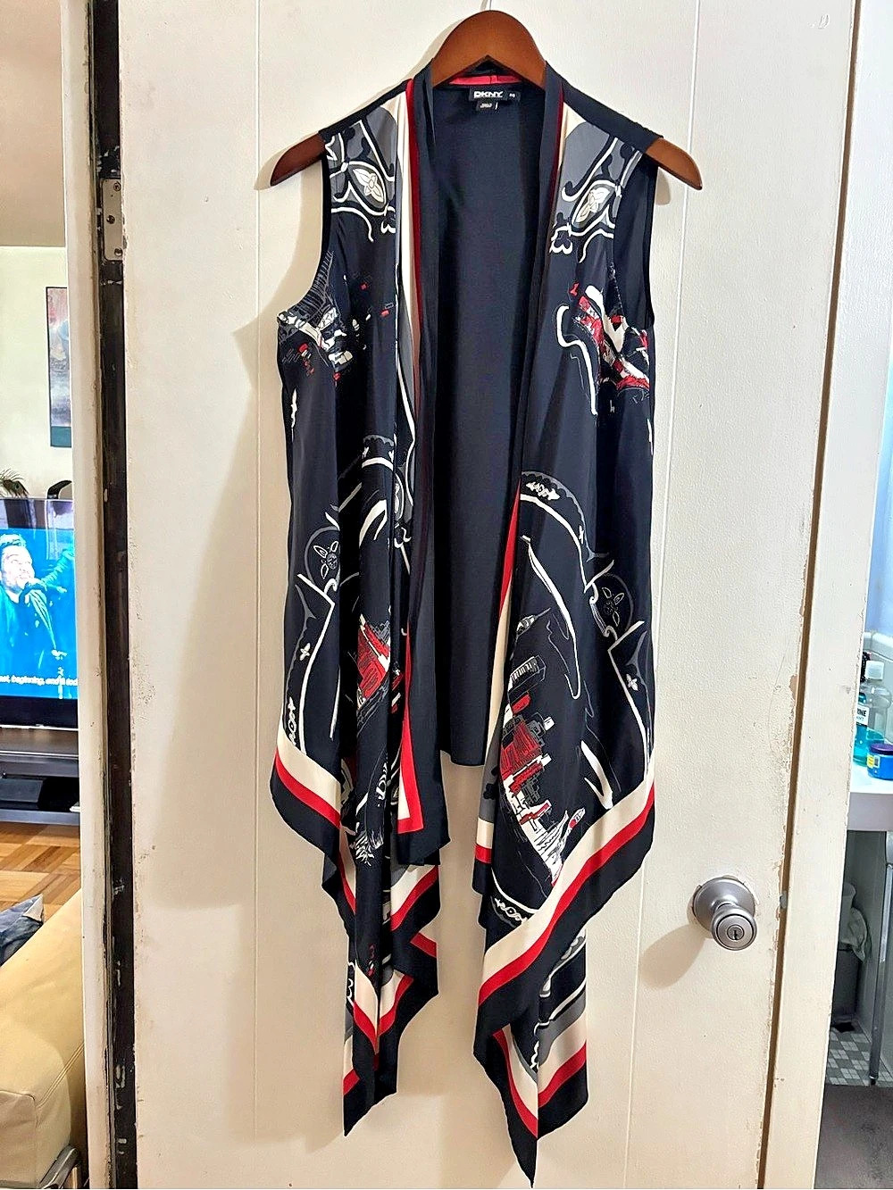 DKNY Silk Open Front Handkerchief Vest Top Black & Red Small